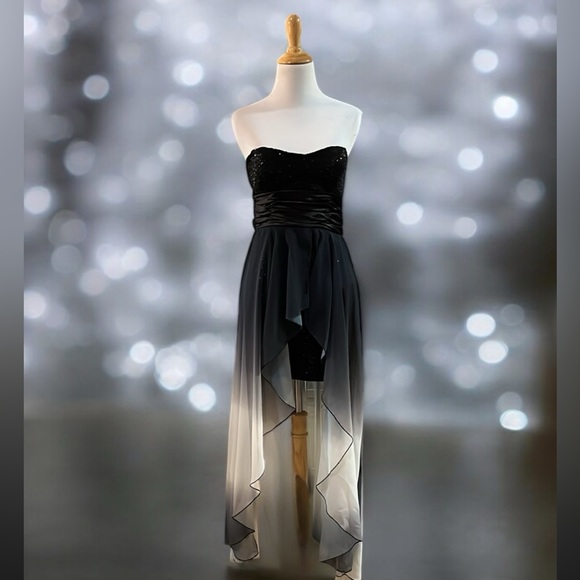 SPEECHLESS STRAPLESS HIGH LOW SEQUINED PROM DRESS BLK WHI GRA JUNIORS SIZE 1 - Picture 1 of 15